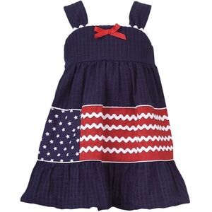 Rare Editions Seersucker Blue and Red Star Sun Dress Americana Ricrac Trim 12mo